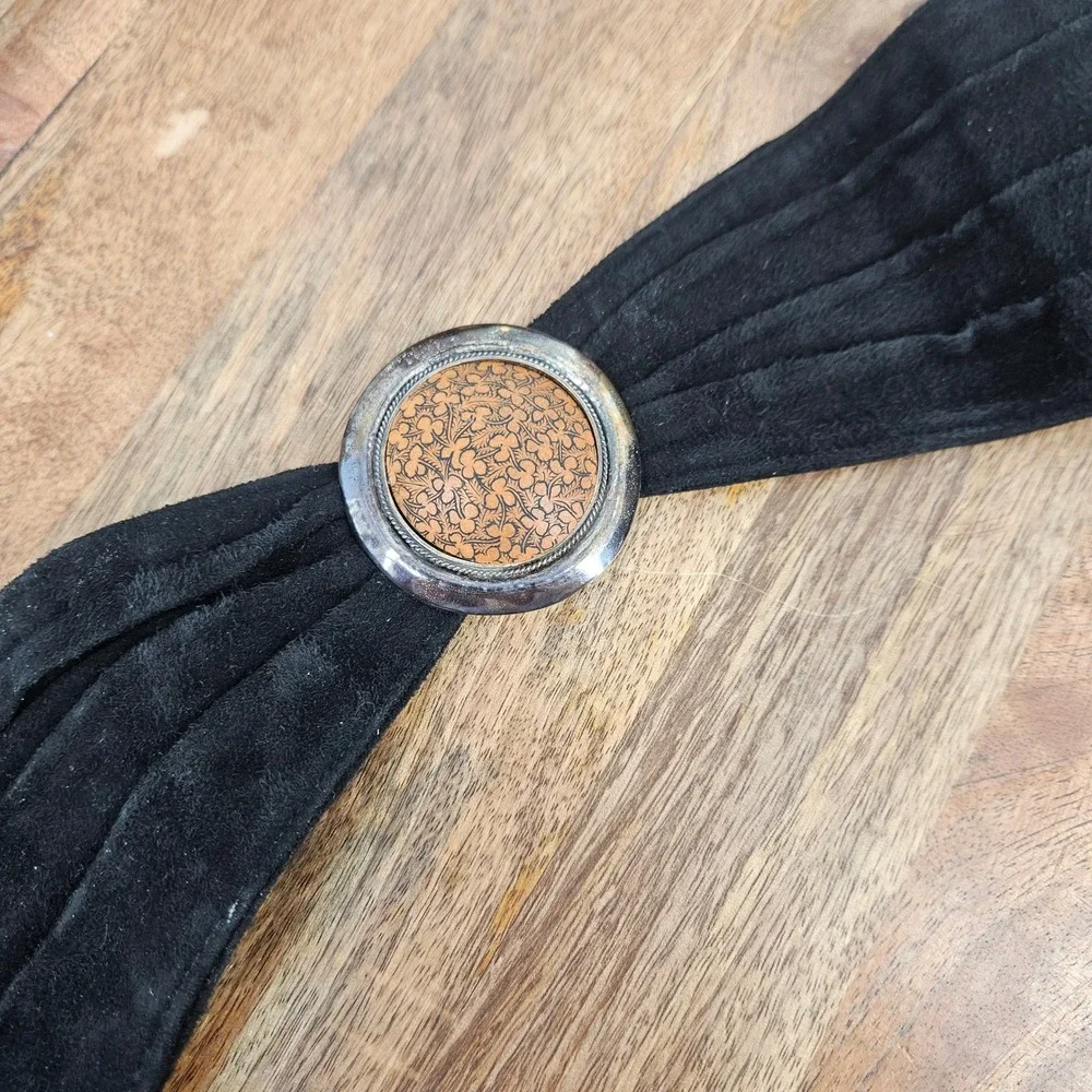 Vintage 80s Concho Suede Sterling Silver 925 Leather Medallion Belt Black Brown